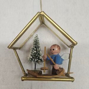 VTG Inarco Diorama Ornament, Vintage Angel, Skier Ornament, Bottle Brush Tree